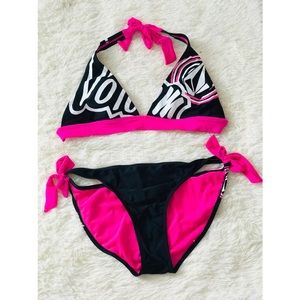 pink & black volcom bikini
